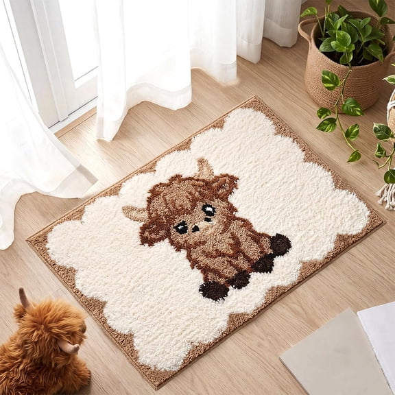 Highlands Cow Bath Mat Non-Slip Absorbent Flocked Velvet Bathroom Rug 16x24 Inches for Tub Shower with Latex Backing, Quick-Dry Machine Washable for Farmhouse Bathroom Living Room Bedroom Decor