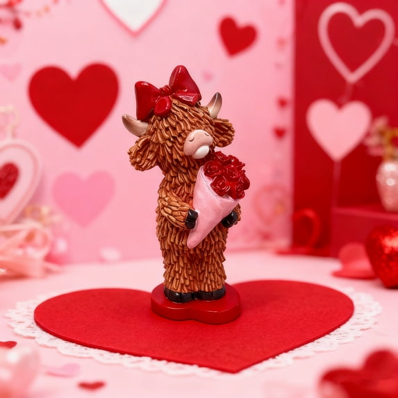 Highlands Cow Couple Resin Figurine, Cute Animal Statue for Home Desk and Shelf Decor, Valentine's Day and Wedding Gift Idea, Red Scarf Accent