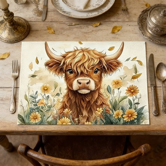 Highlands Cow Farmhouse Placemats Set of 2 Polyester Heat Resistant Washable Table Mats 17.7x11.8 in Rustic Decor for Kitchen Dining Room Home Farmhouse Dining Decor