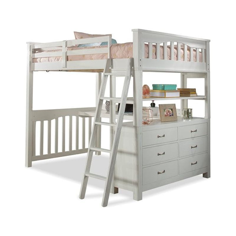 Mission-Inspired Full Loft Bed with Built-In Workstation and Storage in Wirebrushed Pine