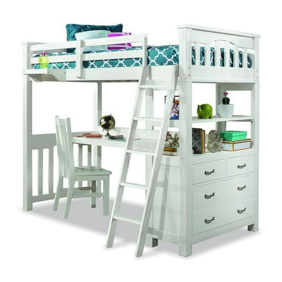 Highlands Twin Loft Bed with Desk and Chair in White