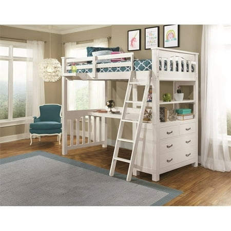 Highlands Twin Loft Bed with Desk and Hanging Nightstand in White