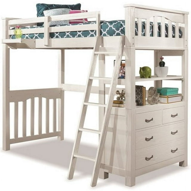 Highlands Twin Loft Bed with Hanging Nightstand in White