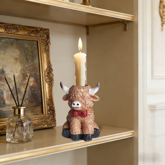 Highlands Yak Resin Candlestick Ornament, Bow Accent Design, Elegant Desktop Decor for Living Room Office Home Decoration
