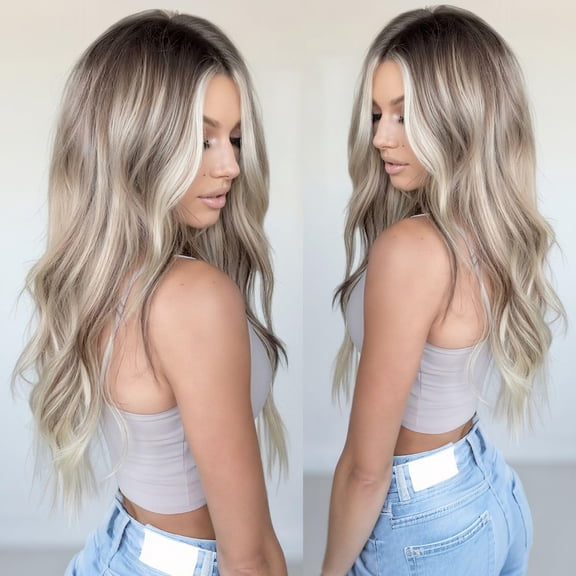Highlight Ash Blonde Lace Front Wig Pre Plucked Glueless Long Wavy Mixed Ombre Blonde Synthetic Lace Front Wigs for Women Light Brown 13x4 Lace Front Wig with Baby Hair 24 Inches