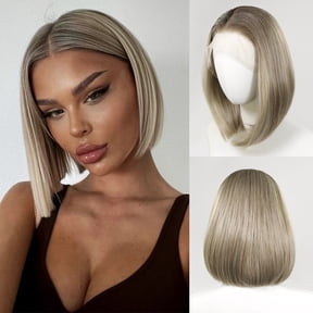 Highlight Blonde Lace Front Wigs Short Straight Bob Synthetic Wig for Women Dark Roots Natural Hairline Mixed Blonde Wig 14Inch