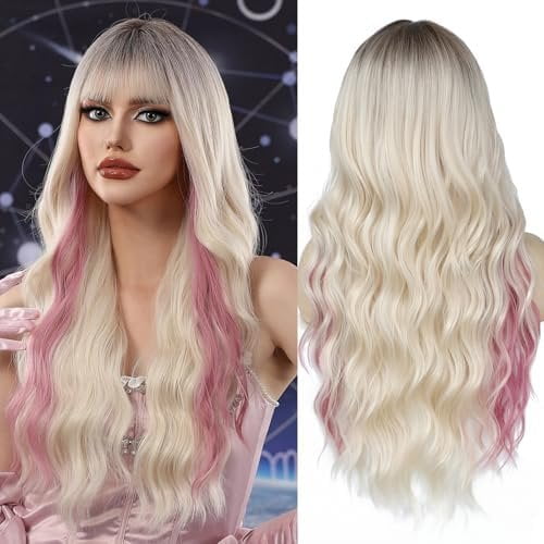 -Highlight Blonde and Wig with Bangs for Women Long Wave Hair 26" Synthetic Wigs Long Curly Hair for Women Dark Roots Mixed Blonde Wig Subtle Peice Balayage Wigs