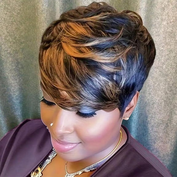 Highlight Brown Pixie Cut Wig Human Hair,Short Pixie Wigs for Black Women Layered Short Haircut Glueless Wig with Bangs (1B/30#)