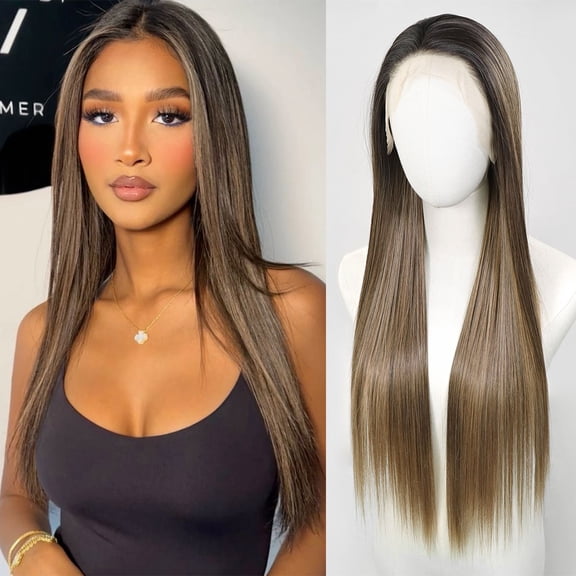 Highlight Brown Synthetic Lace Front Wig for Women Silk Straight Loose Wave Dark Roots Colored Pre Plucked 13x4 Lace Wig 26inch