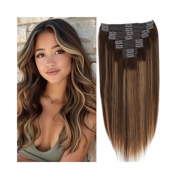 Highlight Color Hair Extensions #4/27 Clip In Straight Real Human Hair Double Weft 8 Pcs Clip Ins Extension