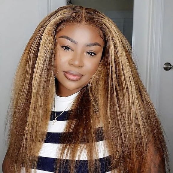 Highlight Honey Blonde Wigs Kinky Straight 13x4 Lace Front Human Hair Wig for Women, P4/27 Yaki Straight Human Hair Piano Color Lace Frontal Wigs 180% Density