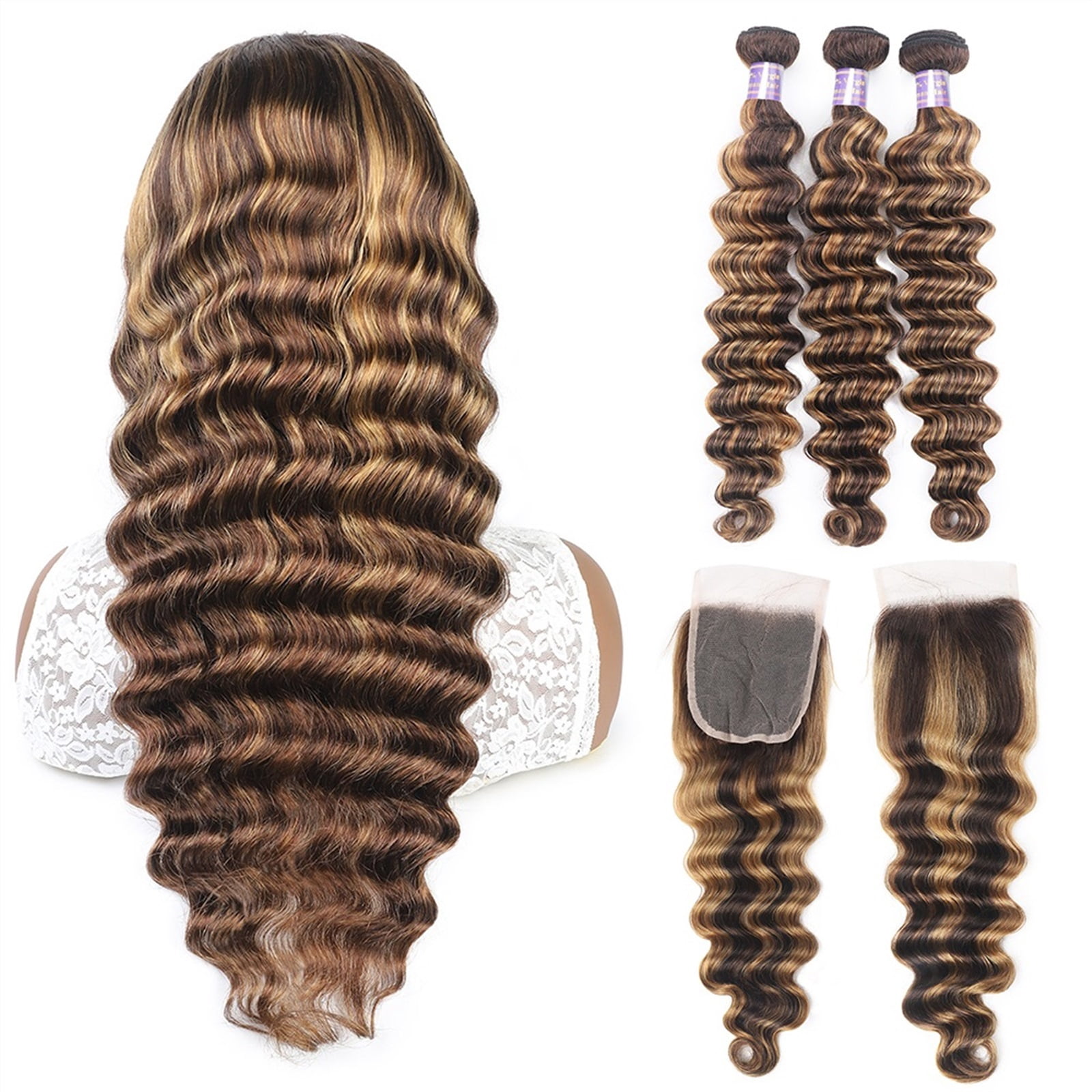 Highlight Human Hair Bundles Loose Deep Wave Bundles with Closure 4x4 Lace Closure with Bundles Brazilian Remy Honey Blonde Bundles