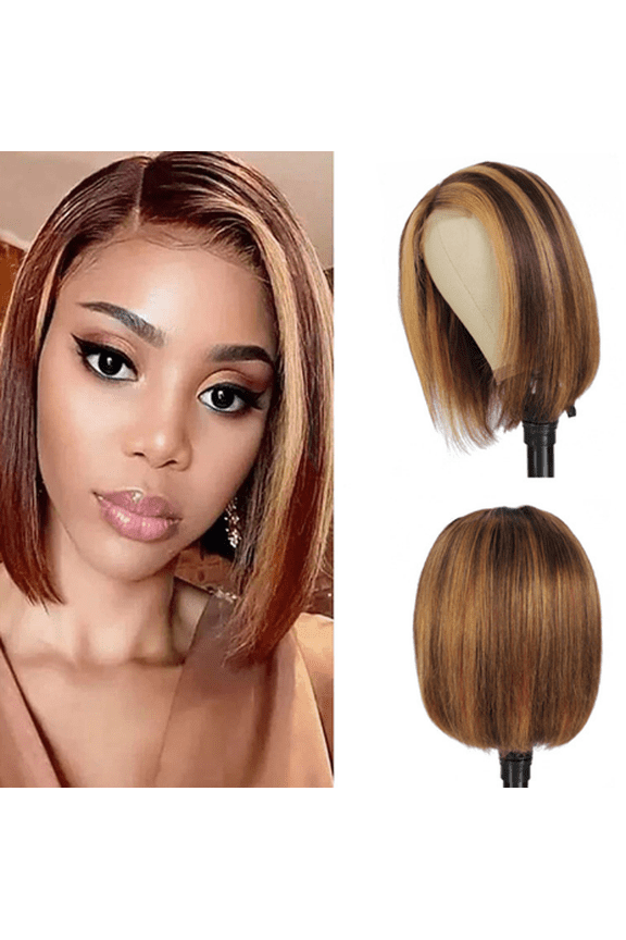 Highlight Ombre Bob Wig Human Hair 13x4 HD Lace Frontal with Baby 180% Density for Black Women - P4/27 Color