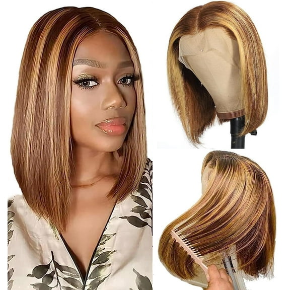 Highlight Ombre Bob Wig Human Hair Straight 4/27 Honey Blonde Bob Lace Front Wigs Human Hair 14 Inch 13x4 Lace Front Bob Wigs 12A Short Bob Wig 180% Density Glueless Wigs Straight Bob Frontal Wigs