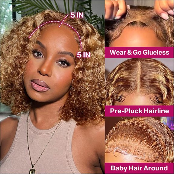 Highlight Ombre Curly Bob Wig Glueless Pre Plucked 4/27 5x5 Hd Lace Wear And Go Closure Bob Wigs For Black Women Honey Blonde Short Deep Wave Bob Wig Glueless 200% Density 14 Inch 4/27# Deep Bob Wig