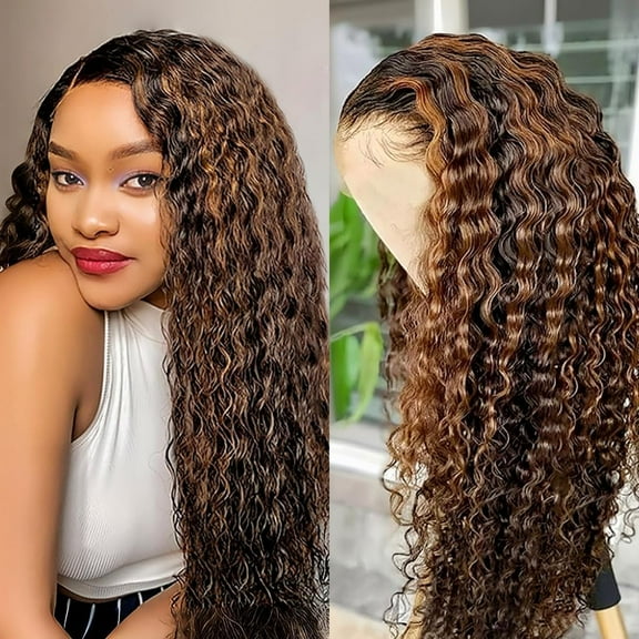 Highlight Ombre Lace Front Wig Human Hair Pre-Plucked 1B/30 Black Brown13x4 HD Lace Frontal Water Wave Honey Blonde180% Density Balayage Glueless Wigs for  Women