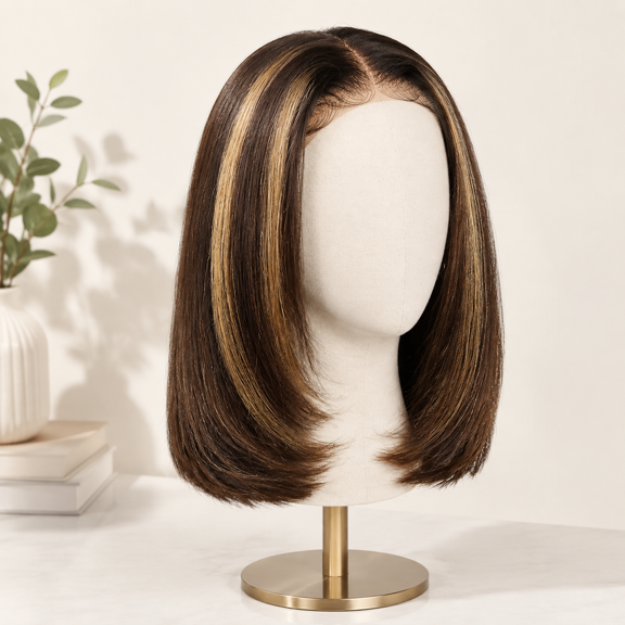 Highlight Ombre Layered Bob Yaki Straight Human Hair Wig, 14 Inch