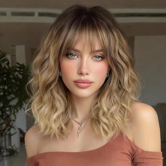 Highlight Wig with Bangs for Women Short Bob Curly Wavy Hair | Soft Synthetic Fiber,Lightweight,Full Volume,Heat Resistant,Natural Looking,Easy Wear for Daily Work Cosplay,Adjustable Cap,Dark Blonde