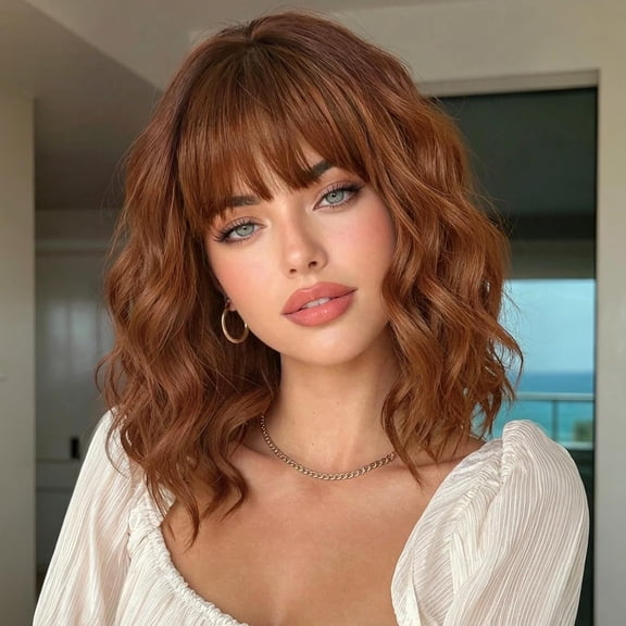 Highlight Wig with Bangs for Women Short Bob Curly Wavy Hair | Soft Synthetic Fiber,Lightweight,Full Volume,Heat Resistant,Natural Looking,Easy Wear for Daily Work Cosplay,Adjustable Cap,Auburn
