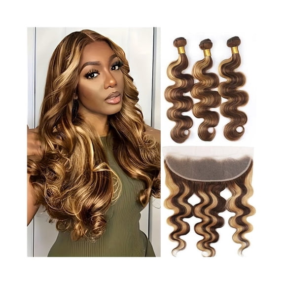 Highlighted Body Wave Bundles with Frontal, P4/27 Color Brazilian Human Hair Double Weft Bundles with 13x4 Lace Frontal