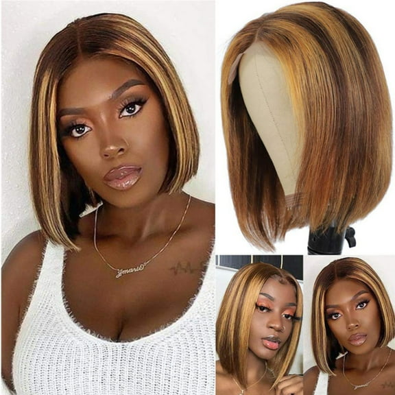 Highlighted short wavy bob glueless synthetic lace front wig for women, suitable for beginners, pre-cut, natural hairline