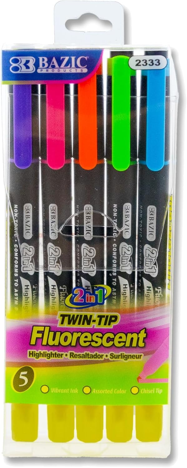 Highlighter Double Tip Pen, Chisel Broad Line Fine Point Highlighters, Unscented Assorted Color