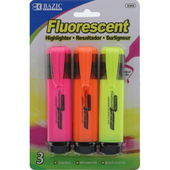 Highlighter Fluorescent 3Pk - Ast Color - 1 count only