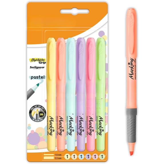 Highlighter Grip Pastel, Highlighter Pens with Adjustable Chisel Tip, Rubber Grip for Extra Comfort, Assorted Colours, Pack of 6