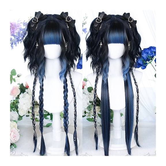 Highlights Blue Cosplay Wig with Neat Bangs, Synthetic Wave Wig with Long Straight Fringes, Natural Heat Resistant Party Halloween Wig