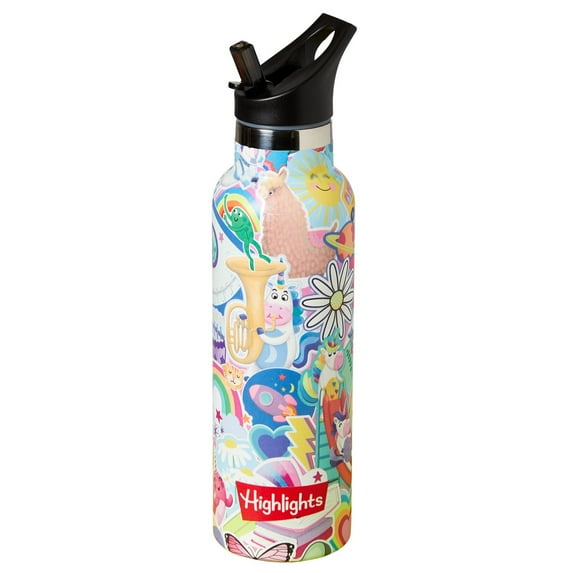 Highlights for Children Insulated Water Bottle for Kids, 20-Ounce Stainless Steel Water Bottles for Boys and Girls, Double Wall Vacuum Insulated, Kids Water Bottle for School Rainbow Unicorn - Pink