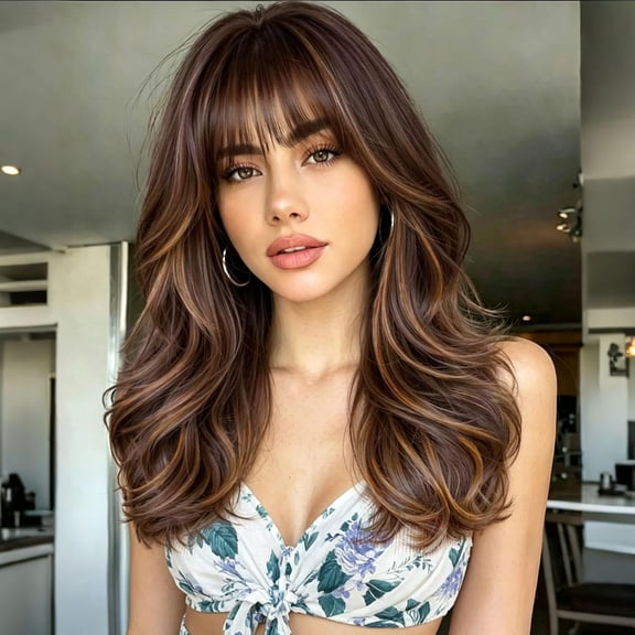Highlights Synthetic Wig with Bangs,4x4 Realistic Scalp | Glueless,Free Parting,18 Inch Wavy Layered Hairstyle,Beginner-Friendly,Breathable & Lightweight,Natural Looking,Everyday Wear