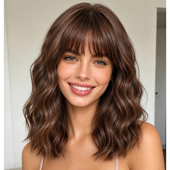 Highlights Wig with Bangs for Women,14 Inch Wavy Bob Hair | Face-framing,Soft highlights waves,Lightweight,Beginner friendly,Trimmable natural bangs,Adjustable,Easy daily wear,party