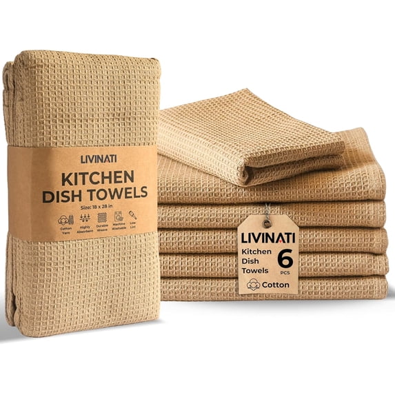 Highly Absorbent Cotton Dish Towels for Drying - Set of 6 Beige Kitchen Towels - 18"X28" Lint Free Waffle Weave Cloth Linen Hand Bathroom Bulk Dishtowels