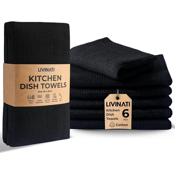 Highly Absorbent Cotton Dish Towels for Drying - Set of 6 Black Kitchen Towels - 18"X28" Lint Free Waffle Weave Cloth Linen Hand Bathroom Bulk Dishtowels