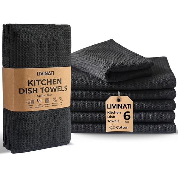 Highly Absorbent Cotton Dish Towels for Drying - Set of 6 Dark Gray Kitchen Towels - 18"X28" Lint Free Waffle Weave Cloth Linen Hand Bathroom Bulk Dishtowels