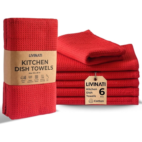 Highly Absorbent Cotton Dish Towels for Drying - Set of 6 Red Kitchen Towels - 18"X28" Lint Free Waffle Weave Cloth Linen Hand Bathroom Bulk Dishtowels