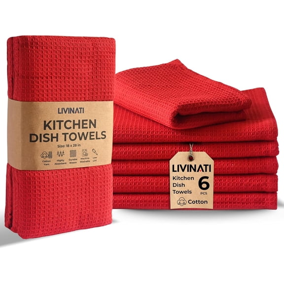Highly Absorbent Cotton Dish Towels for Drying - Set of 6 Red Kitchen Towels - 18"X28" Lint Free Waffle Weave Cloth Linen Hand Bathroom Bulk Dishtowels