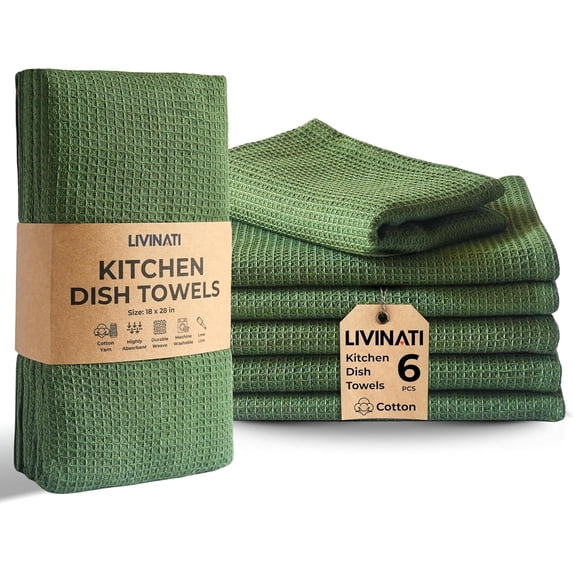 Highly Absorbent Cotton Dish Towels for Drying - Set of 6 Sage Green Kitchen Towels - 18"X28" Lint Free Waffle Weave Cloth Linen Hand Bathroom Bulk Dishtowels