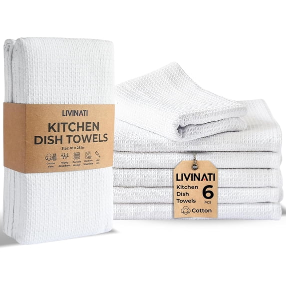 Highly Absorbent Cotton Dish Towels for Drying - Set of 6 White Kitchen Towels - 18"X28" Lint Free Waffle Weave Cloth Linen Hand Bathroom Bulk Dishtowels