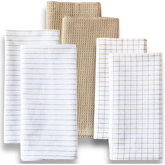 Highly Absorbent Cotton Kitchen Towels for Drying Dishes - Set of 6 Dish Towels - Narrow Beige Stripes Plaid Waffle Dishtowels - 18"X28" Large Lint Free Linen Tea Hand Bulk T Towls