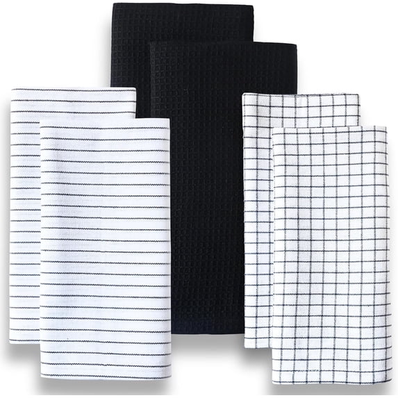 Highly Absorbent Cotton Kitchen Towels for Drying Dishes - Set of 6 Dish Towels - Narrow Black Stripes Plaid Waffle Dishtowels - 18"X28" Large Lint Free Linen Tea Hand Bulk T Towls