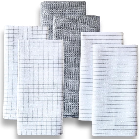 Highly Absorbent Cotton Kitchen Towels for Drying Dishes - Set of 6 Dish Towels - Narrow Light Gray Stripes Plaid Waffle Dishtowels - 18"X28" Large Lint Free Linen Tea Hand Bulk T Towls