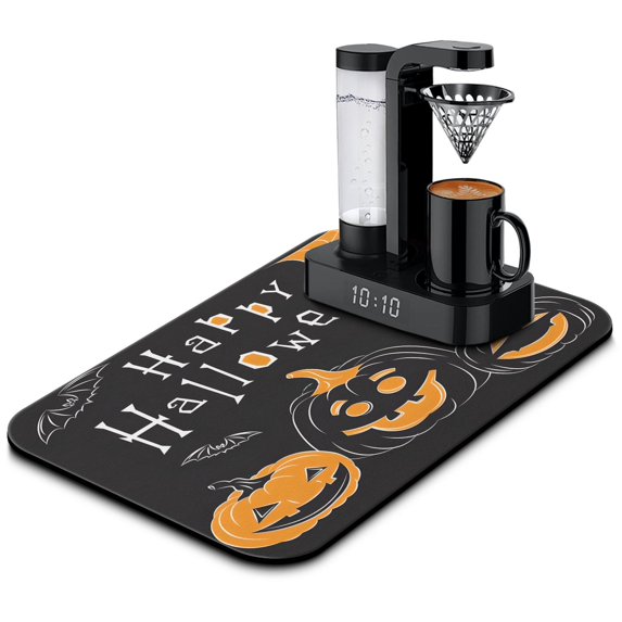 Highly Absorbent Diatom Ooze Coffee Dish Mat with Halloween Pumpkin Ghost Design Fast-Drying Great for Kitchen Counters 19.5x12in