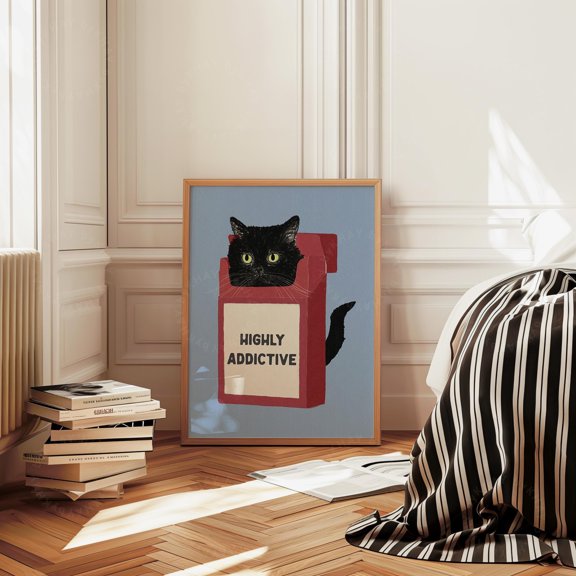 Black Cat Highly Addictive Blue Homely Cosy Red Hand Drawn Playful Wall Art Physical Print