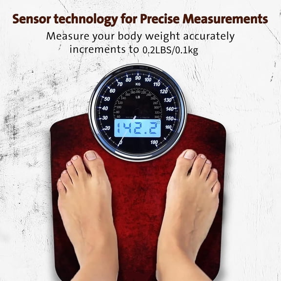 Highly Advance 2-in-1 Digital & Analog Weighing Scale for Body Weight-400lbs, 4 High Precison GX Sensor Accurate, Thick Tempered Glass, Extra Large Display (Red)