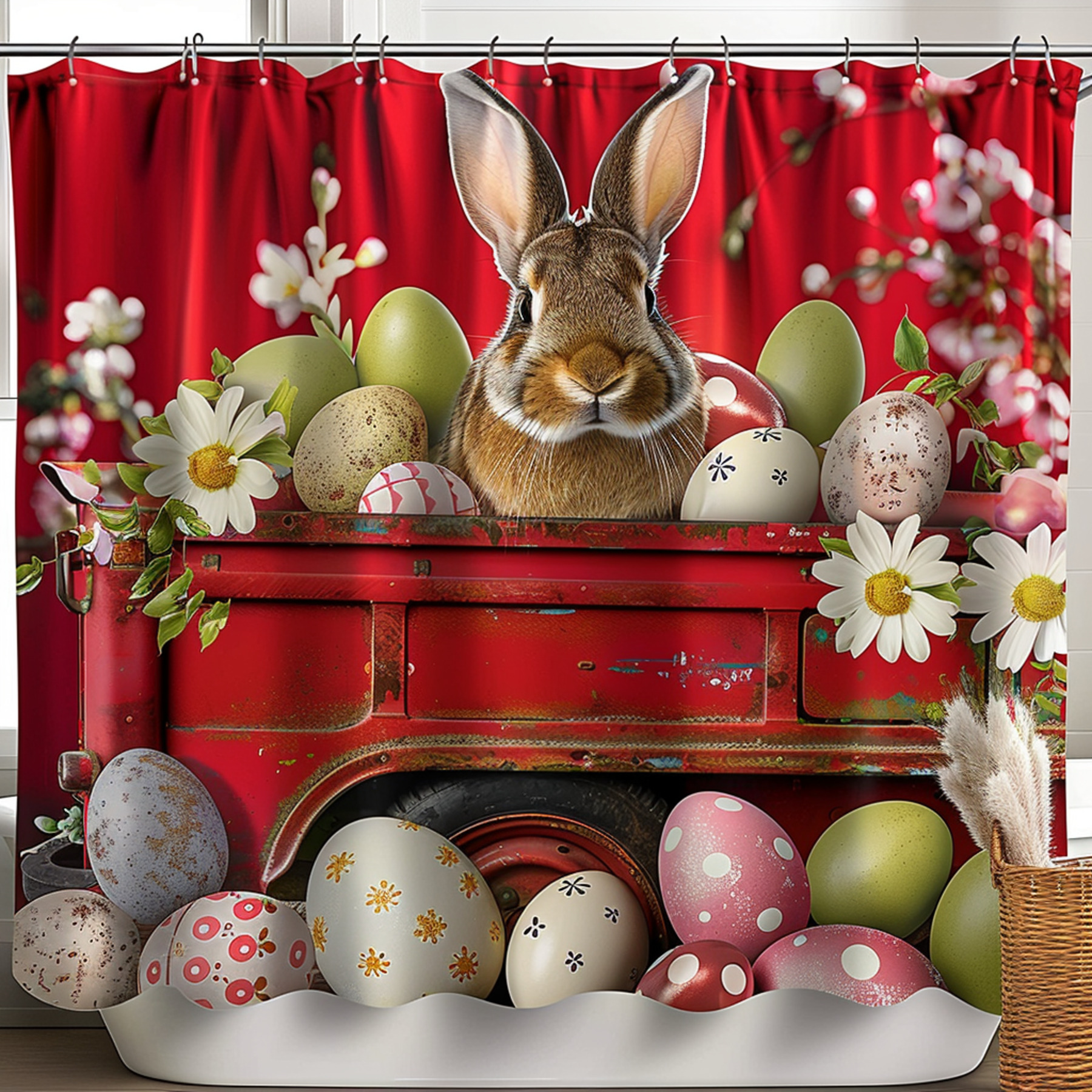 Highly Detailed Easter Bunny in Red Truck Shower Curtain with Eggs and