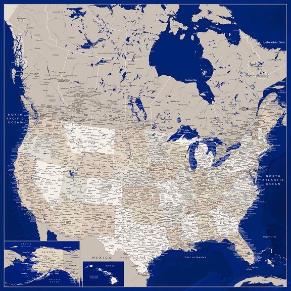 Highly Detailed Map Of The United States, Kameryn Poster Print - Blursbyai Rosana Laiz (24 x 24)
