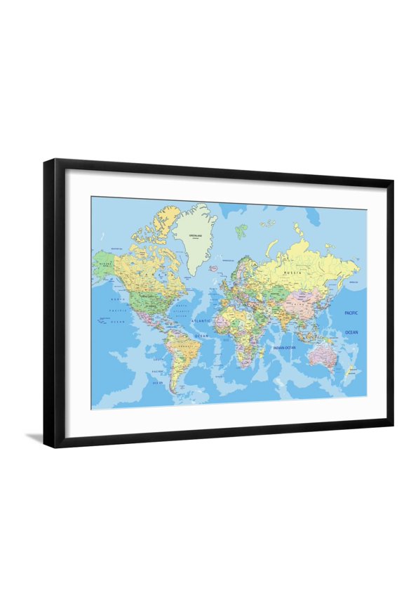 Highly Detailed Political World Map with Labeling.Vector Illustration. Art Print by Bardocz Peter, Black Frame Wall Art, 29" x 21"