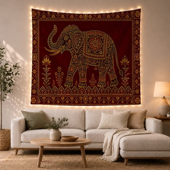 Decorated Elephant and Calf Tapestry Wall Hanging
