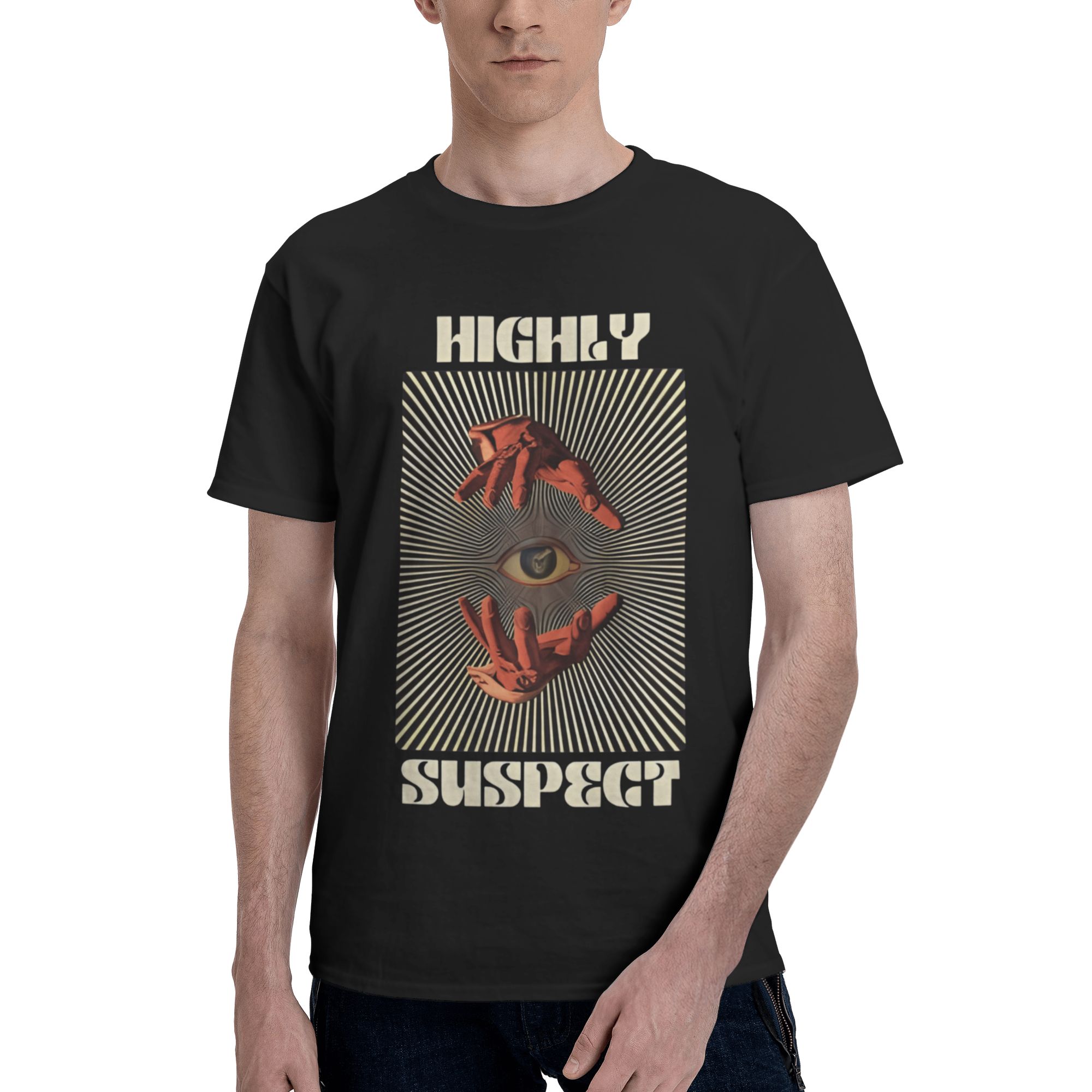 Highly Music and Suspect Groovy Men’s T-Shirt Cotton Short-Sleeve Crew Neck Shirt Black Large